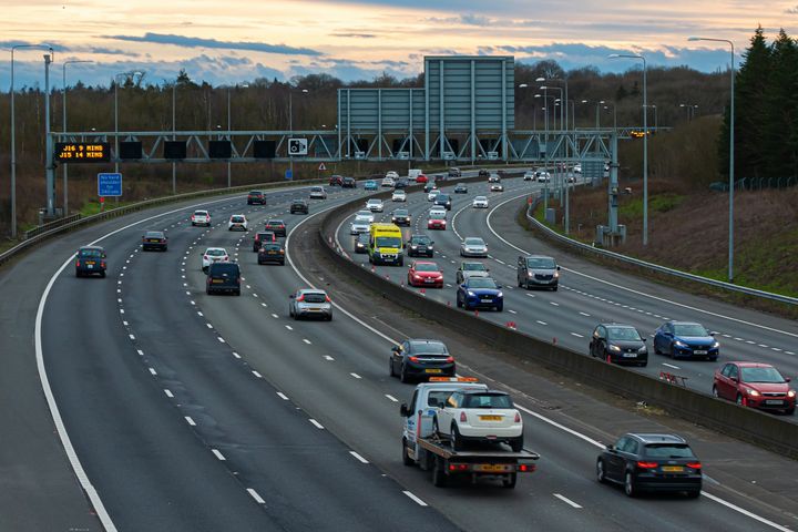 Hunton Bridge, UK - February 23, 2020: Evening traffic on busiest British motorway M25