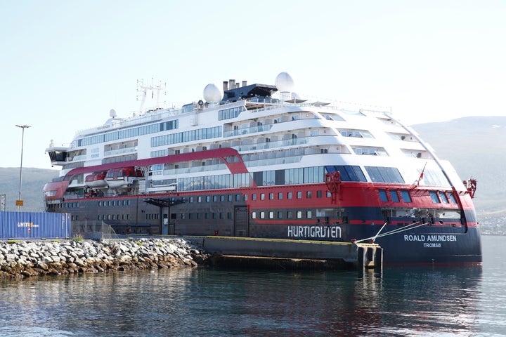 Norwegian cruise ship MS Roald Amundsen moored in Tromso, Norway, Monday Aug. 3, 2020. 