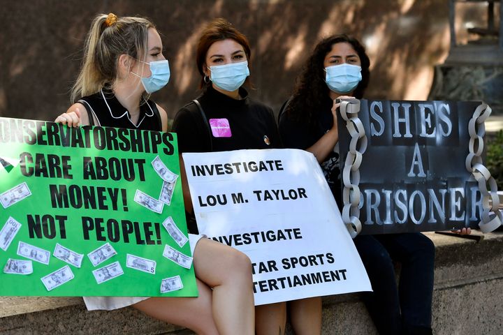 Supporters of Britney Spears gather outside a courthouse in downtown for a #FreeBritney protest as a hearing regarding Spears' conservatorship is in session on July 22, 2020, in Los Angeles, California.