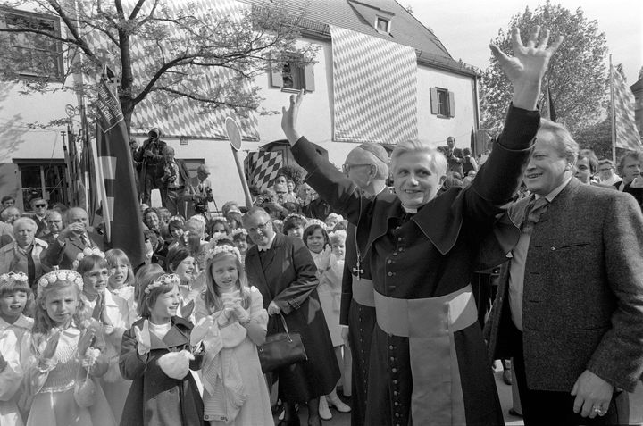 Then-Archbishop Ratzinger greets believers in Munich in June 1977.