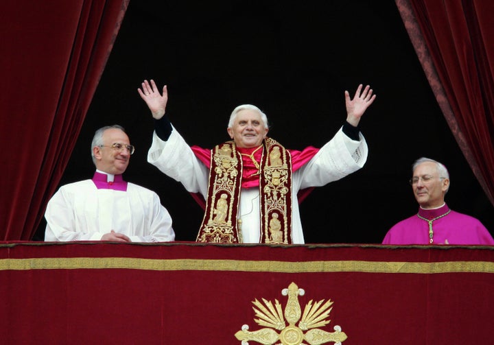 Benedict at the window of St Peter's Basilica main balcony after being elected the 265th pope of the Roman Catholic Church on April 19, 2005.