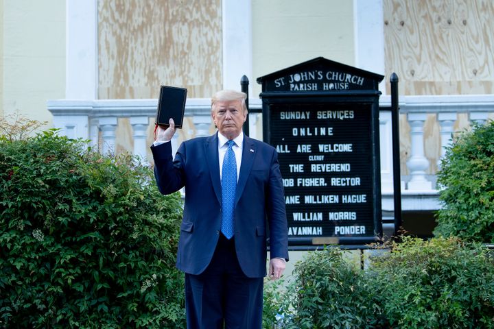 President Donald Trump holds a Bible on June 1 in front of St. John's Episcopal Church after his route from the White House was cleared of people protesting racial injustice.
