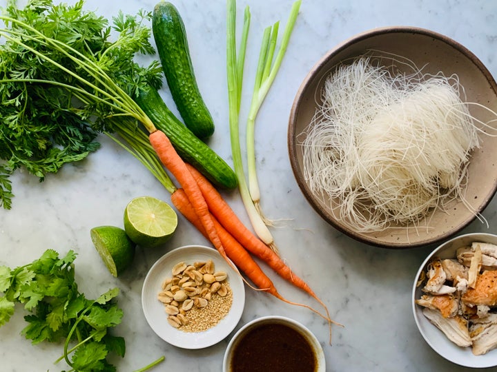 Vermicelli noodles, seen in the upper right of the photo, are so thin that they easily soften in hot water, no cooking required.