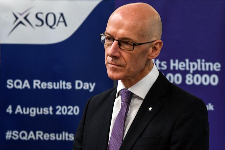 Deputy first minister of Scotland and education secretary John Swinney visits Stonlelaw High School in Rutherglen on the day pupils receive their exam results.