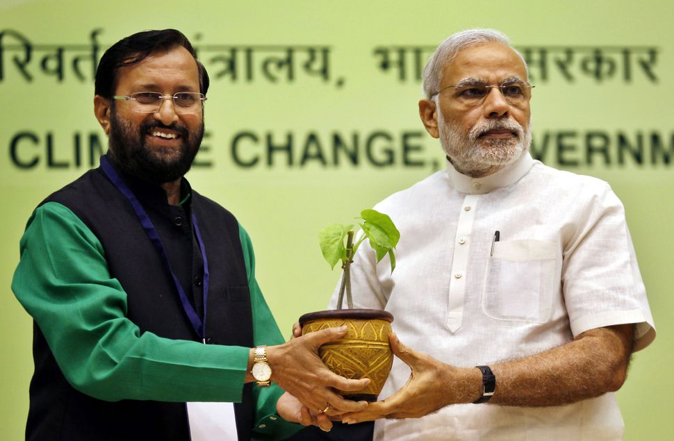 Union Minister for Environment, Forest and Climate Change Prakash Javadekar presents a sapling to Prime Minister Narendra Modi in a file photo.