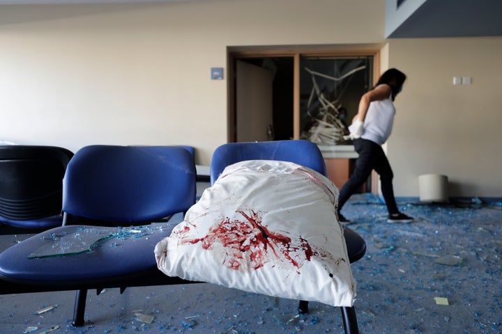 A damaged hospital is seen after a massive explosion in Beirut, Lebanon, Wednesday, Aug. 5, 2020. (AP Photo/Hassan Ammar)