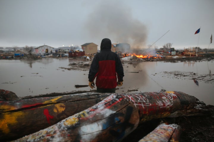 A demonstrator at the encampment opposing the construction of the Dakota Access Pipeline in February 2017 as federal officials ordered activists to leave.