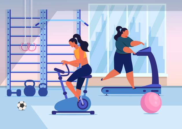 Girls Training in Gym Flat Vector Illustration. Young Women in Sportswear Cartoon Characters. Slim and Fat Ladies on Exercise Bike and Running Track. Fitness Club Workout, Healthy Lifestyle
