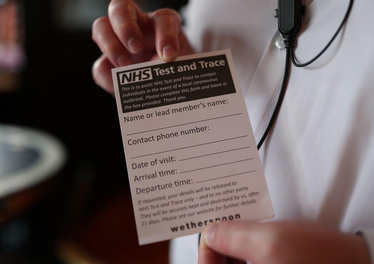 An NHS Test and Trace form offered to customers at the Shakespeare's Head pub in Holborn, London