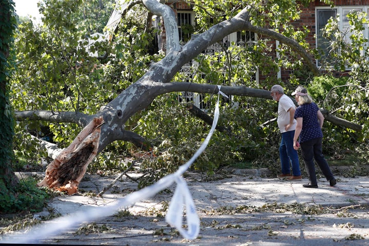 Neighborhood residents stop to inspect damage caused by a tree that fell on top of a house during Tropical Storm Isaias, Wednesday, in the Queens borough of New York.