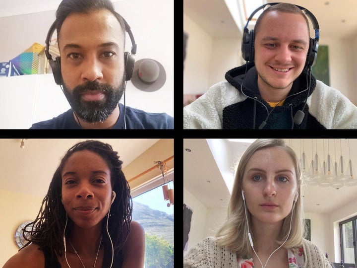 Screen of four friends connecting on video call