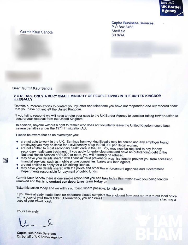 The letter sent to Gurmit Kaur by contractors for the UK Border Agency.