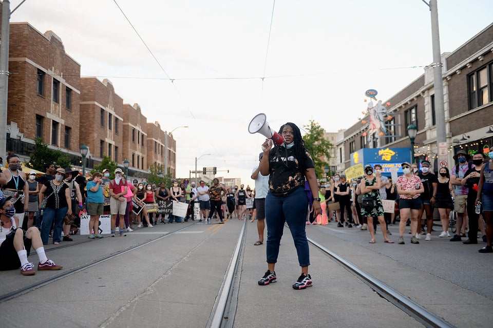 Cori Bush leads a demonstration against police brutality on June 12 in University City, Missouri. She...