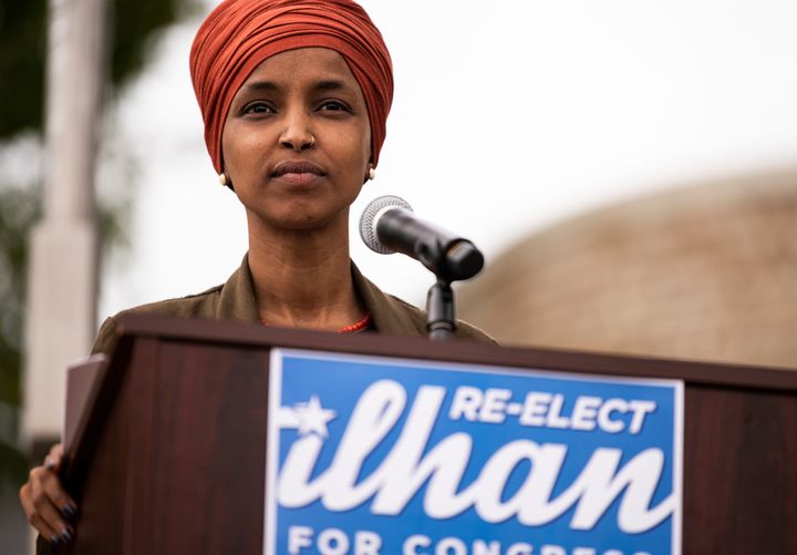 Rep. Ilhan Omar (D-Minn.) speaks at a news conference in St. Paul, Minnesota, Wednesday. Omar is locked in an unexpectedly competitive reelection fight.