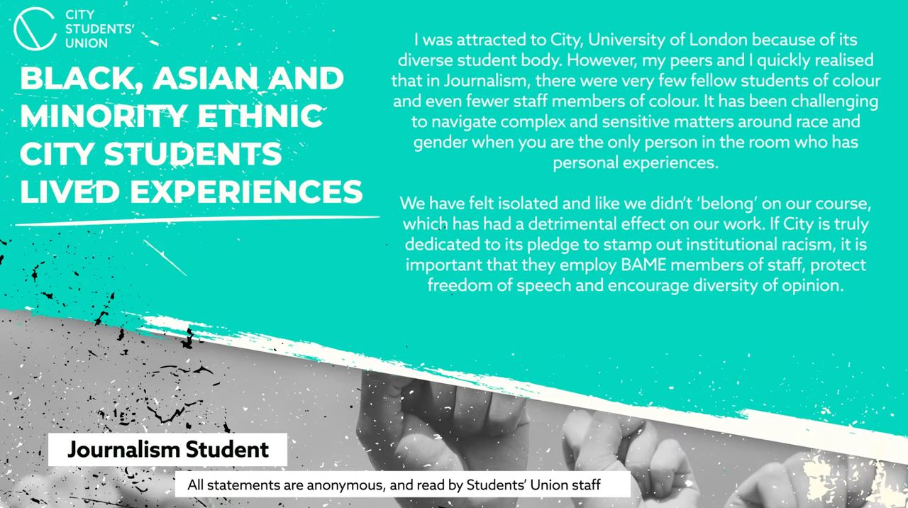 Experiences of BAME students at City, University of London were shared by the students' union 