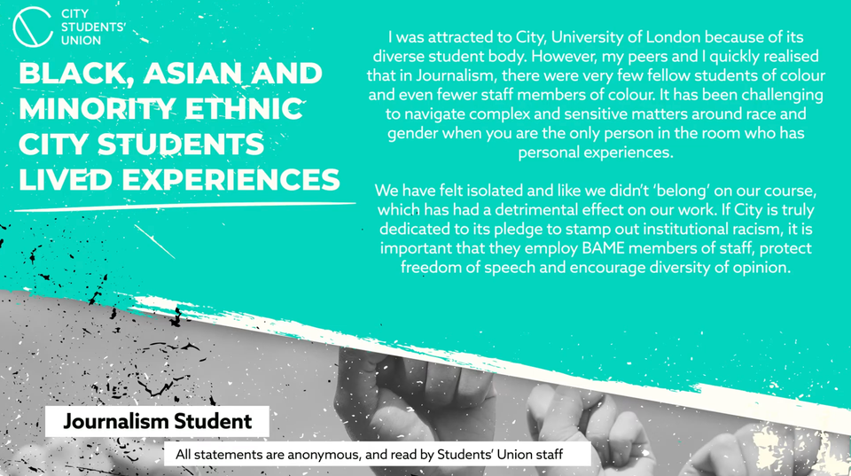 Experiences of BAME students at City, University of London were shared by the students' union