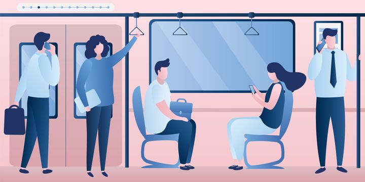 Subway underground, train car modern interior with various passengers. People sitting and standing in metro wagon.Humans use public transportation. Trendy flat vector illustration.