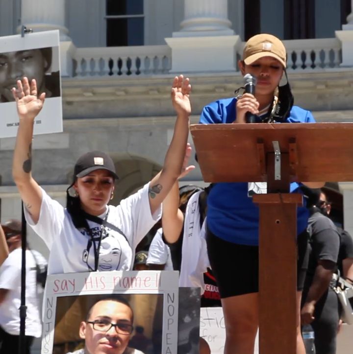 Sean Monterrosa's sisters Michelle (left) and Ashley (right) at a rally for victims of police violence in Sacramento, California, on July 1.