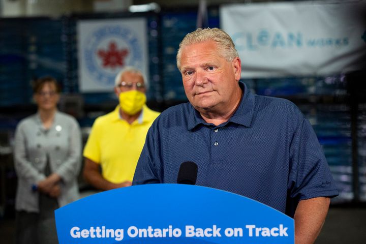 Ontario Premier Doug Ford makes an announcement in Beamsville, Ont., on Aug. 4, 2020. 