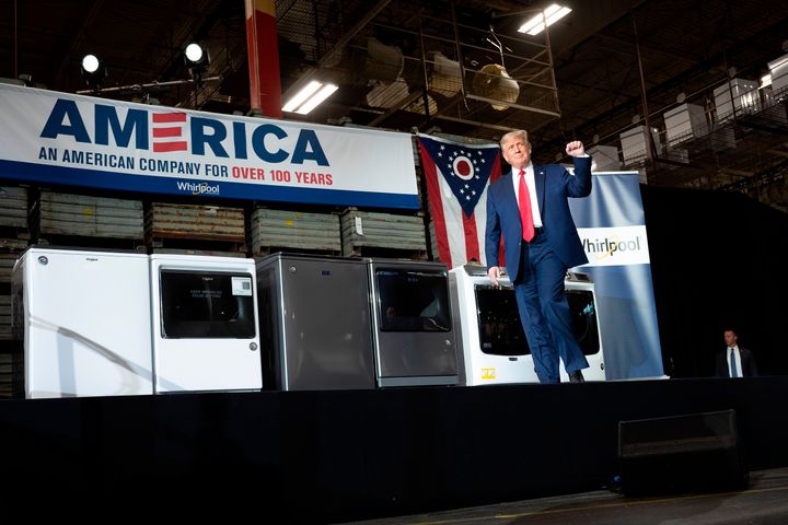 President Donald Trump arrives to deliver remarks after touring a Whirlpool manufacturing plant in Clyde, Ohio, on Thursday.