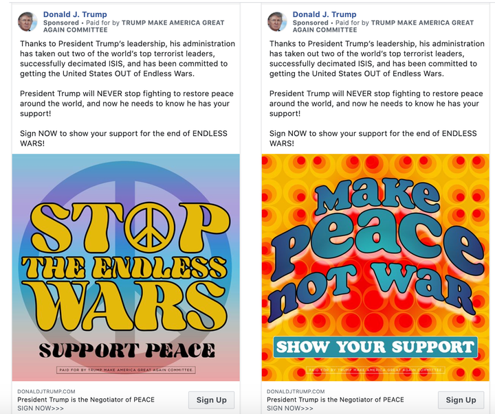 Trump ads currently running on Facebook. They do not mention his use of the so-called "Mother of All Bombs."