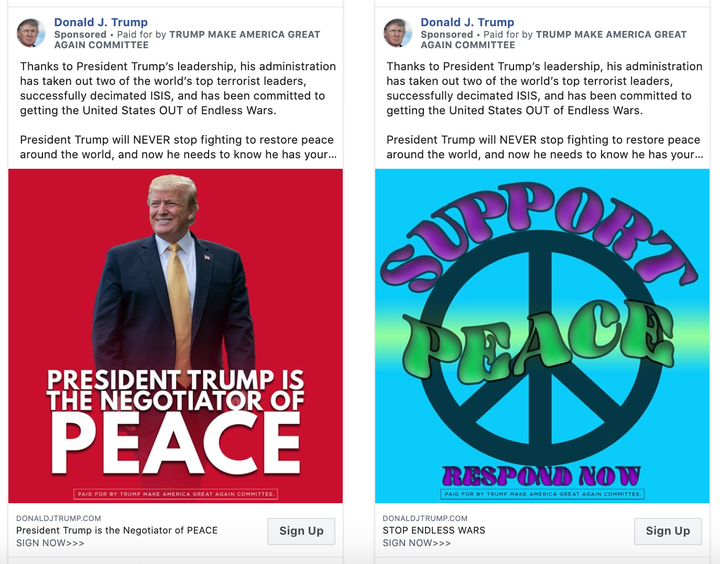 Trump campaign ads currently running on Facebook.