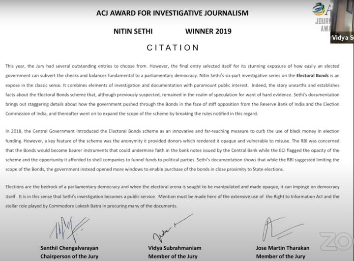 The citation given by ACJ to journalist Nitin Sethi