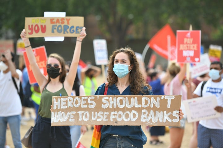 NHS workers gathering in St James's Park, London, ahead of Saturday's demonstration. 