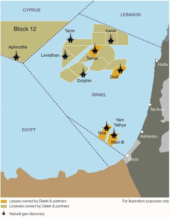 Εικόνα 10: Τα κοιτάσματα που έχουν ανακαλυφθεί στην Ανατολική Μεσόγειο από το Ισραήλ [22], επεξεργασία από [28].
