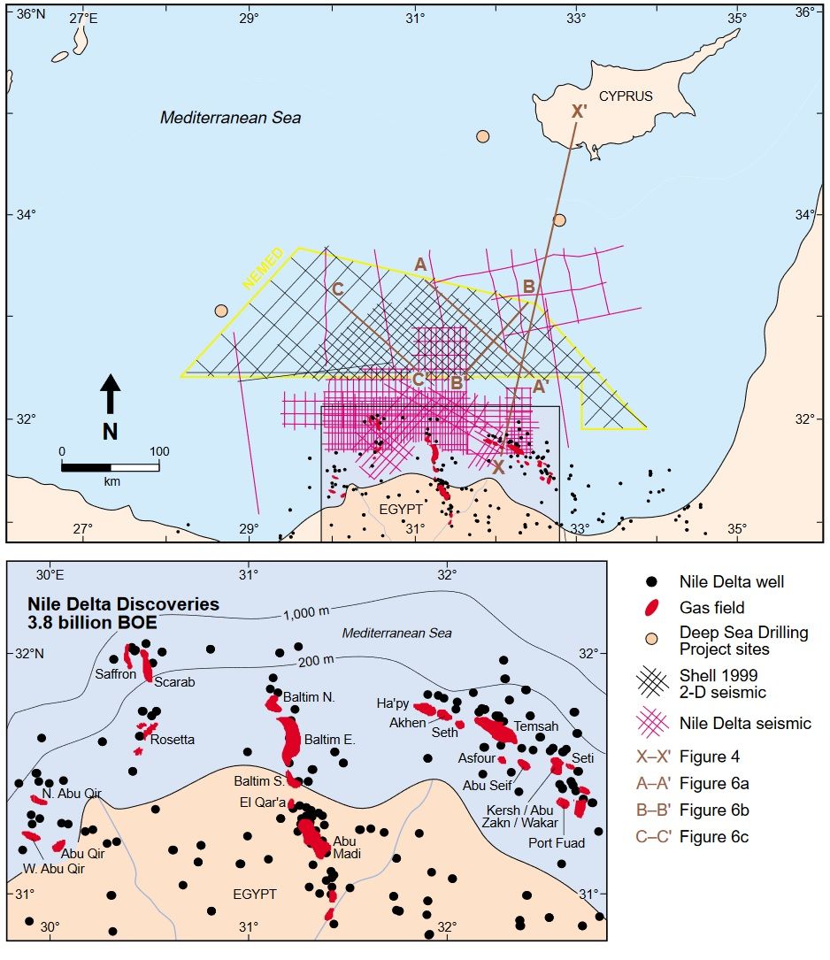 Εικόνα 11: Οι σεισμικές έρευνες και τα κοιτάσματα φυσικού αερίου που ανακάλυψε η Αίγυπτος στην Ανατολική Μεσόγειο μέχρι το 2000 [23].