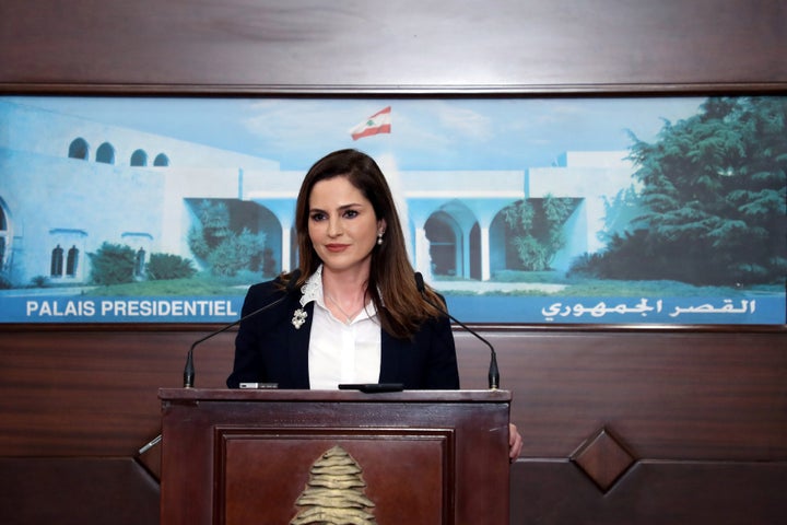 Information Minister Manal Abdel Samad attends a news conference, at the presidential palace in Baabda, Lebanon February 25, 2020.