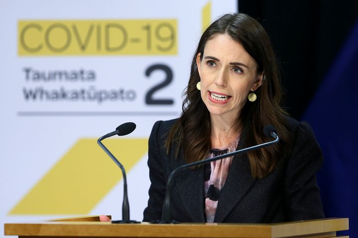 New Zealand Prime Minister Jacinda Ardern addresses a press conference after the 2020 budget at Parliament in Wellington, New Zealand, Thursday, May 14, 2020.