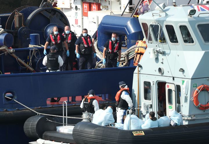 A Border Force vessel brings a group of people thought to be migrants into Dover, Kent, following a number of small boat incidents in The Channel. (Photo by Yui Mok/PA Images via Getty Images)