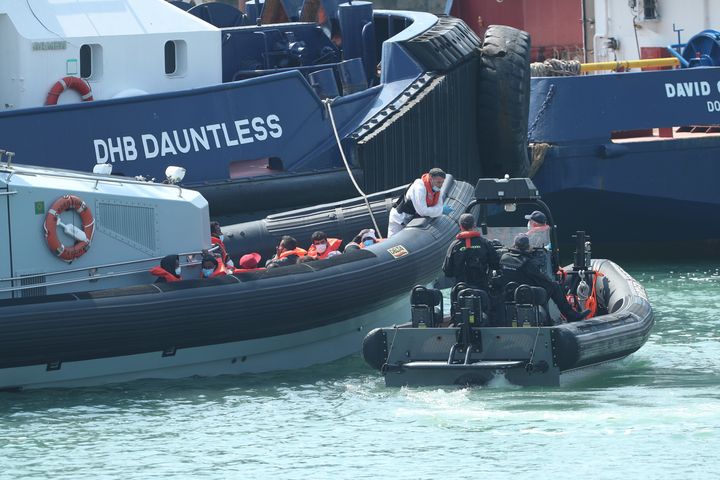 A Border Force vessel brings a group of people thought to be migrants into Dover, Kent, following a number of small boat incidents in The Channel. (Photo by Yui Mok/PA Images via Getty Images)