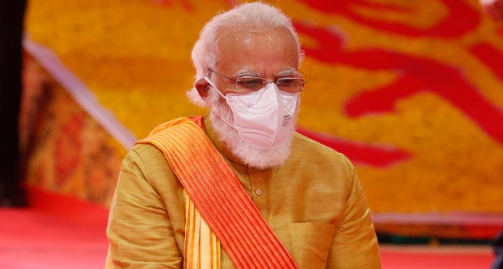 Prime Minister Narendra Modi performs rituals during the groundbreaking ceremony of the Ram temple in Ayodhya on August 5, 2020. 