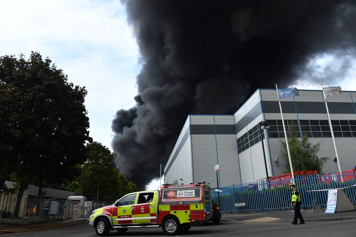 Smoke at the scene of a severe blaze as crews from 10 fire engines tackle a large fire on an industrial estate in Birmingham.