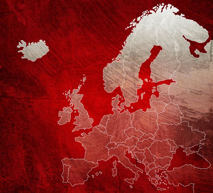 Painted red map of Europe with brush strokes