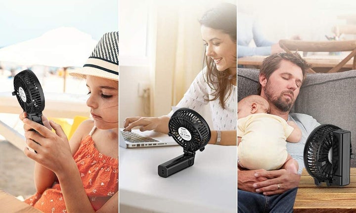 Hold <a href="https://amzn.to/33I1yHv" target="_blank" rel="noopener noreferrer">this portable mini fan</a> by the handle or fold it in half and prop it up on a table for hands-free cooling. 