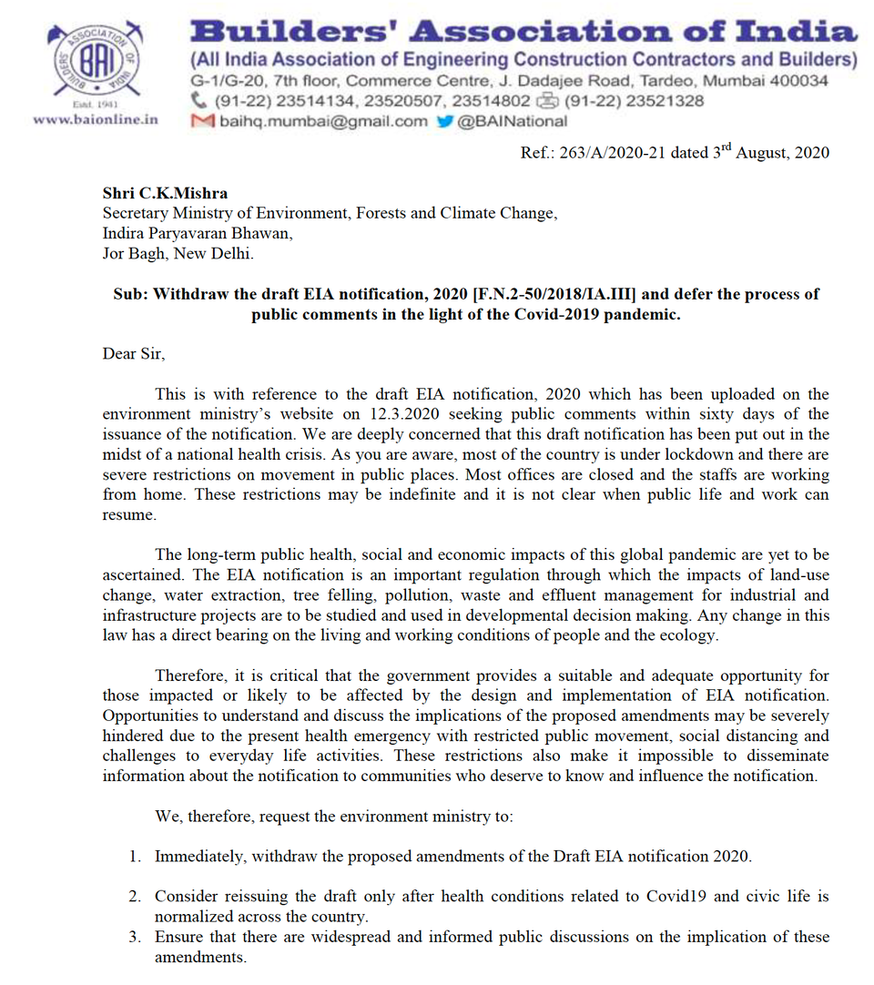 First page of the letter written by Builders' Association of India President Mu. Moahan to the environment...