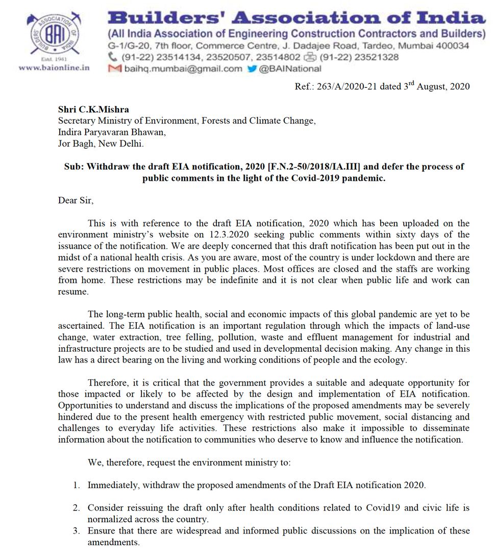 First page of the letter written by Builders' Association of India President Mu. Moahan to the environment secretary last week. 