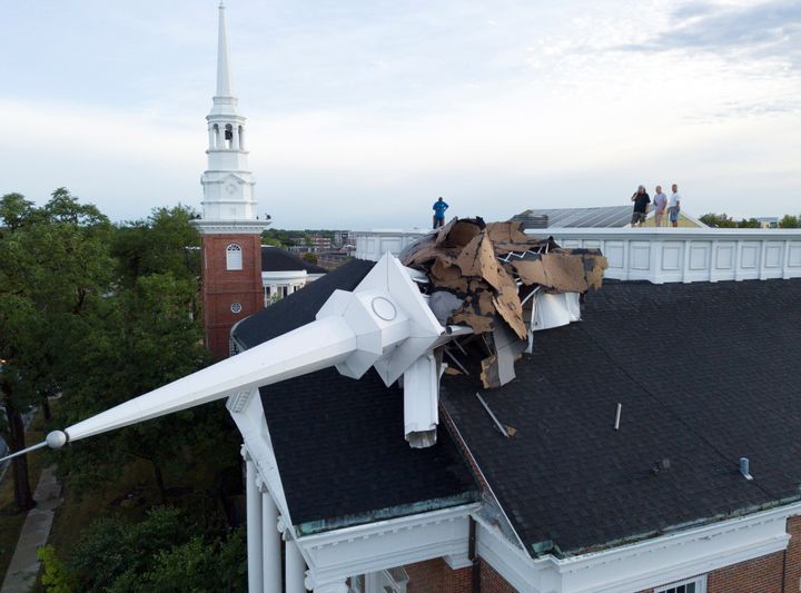 The steeple at College Church in Wheaton, Ill. was toppled during a storm Monday, Aug. 10, 2020, in the northwest suburbs of Chicago, Ill. (Mark Welsh /Daily Herald via AP)