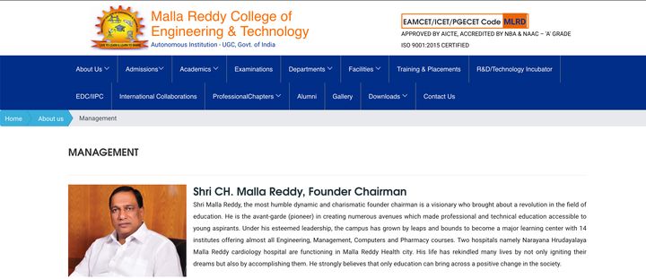 Screenshot from the website of Malla Reddy College of Engineering and Technology.