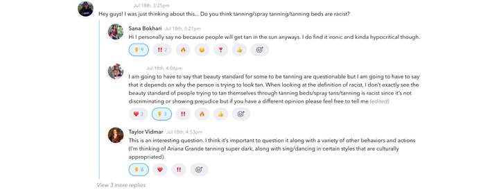A thread from The Conversationalist that asks whether tanning can be racist and in what context. Some users in this thread asked to have their names redacted for privacy.
