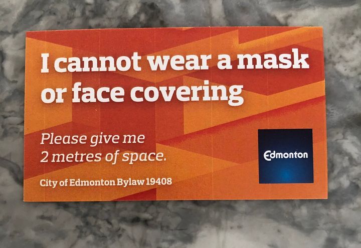 One of the "mask exemption" cards being distributed by the City of Edmonton. 