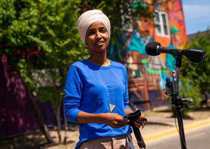 Rep. Ilhan Omar (D-Minn.) addresses reporters in Minneapolis on Tuesday. Antone Melton-Meaux gave her an unexpectedly tough challenge in the state's Democratic primary election.