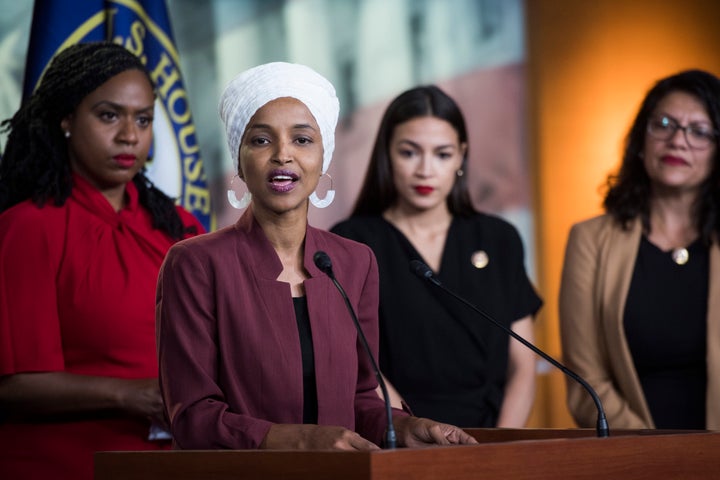 Democratic Reps. Ayanna Pressley (Mass.), Ilhan Omar (Minn.), Alexandria Ocasio-Cortez (N.Y.) and Rashida Tlaib (Mich.) speak after President Trump insulted them in July 2019.