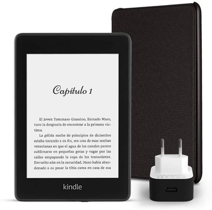 Amazon Kindle Paperwhite, con funda de cuero negra y cargador PowerFast