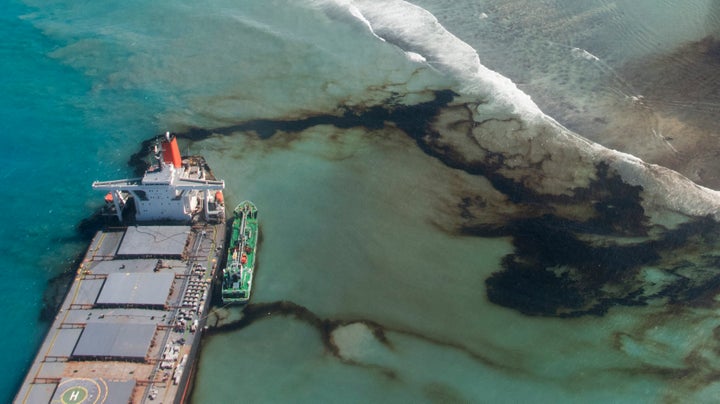 Oil leaks from the MV Wakashio, a bulk carrier ship that ran aground off the southeast coast of Mauritius.