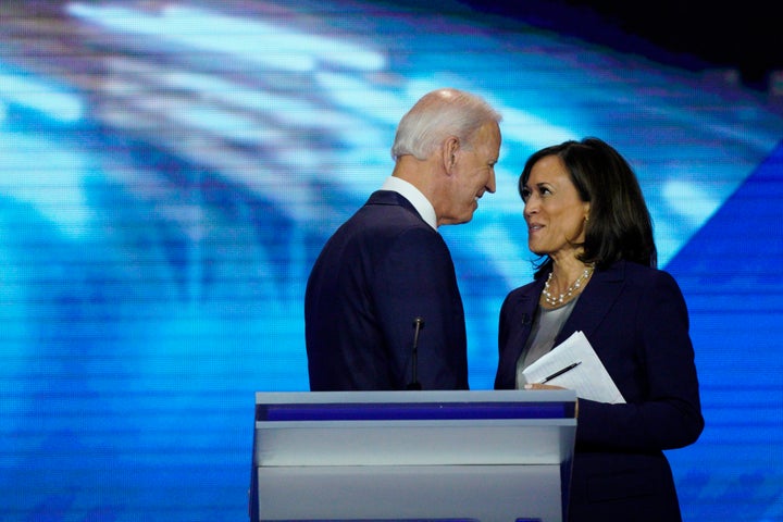 Democratic presidential candidates former Vice President Joe Biden, left, and Sen. Kamala Harris, D-Calif. shake hands Thursday, Sept. 12, 2019, after a Democratic presidential primary debate hosted by ABC at Texas Southern University in Houston. (AP Photo/David J. Phillip)