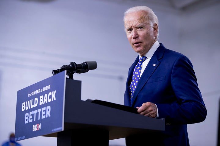 In this July 28, 2020, file photo, Democratic presidential candidate former Vice President Joe Biden speaks at a campaign event at the William "Hicks" Anderson Community Center in Wilmington, Del. (AP Photo/Andrew Harnik, File)